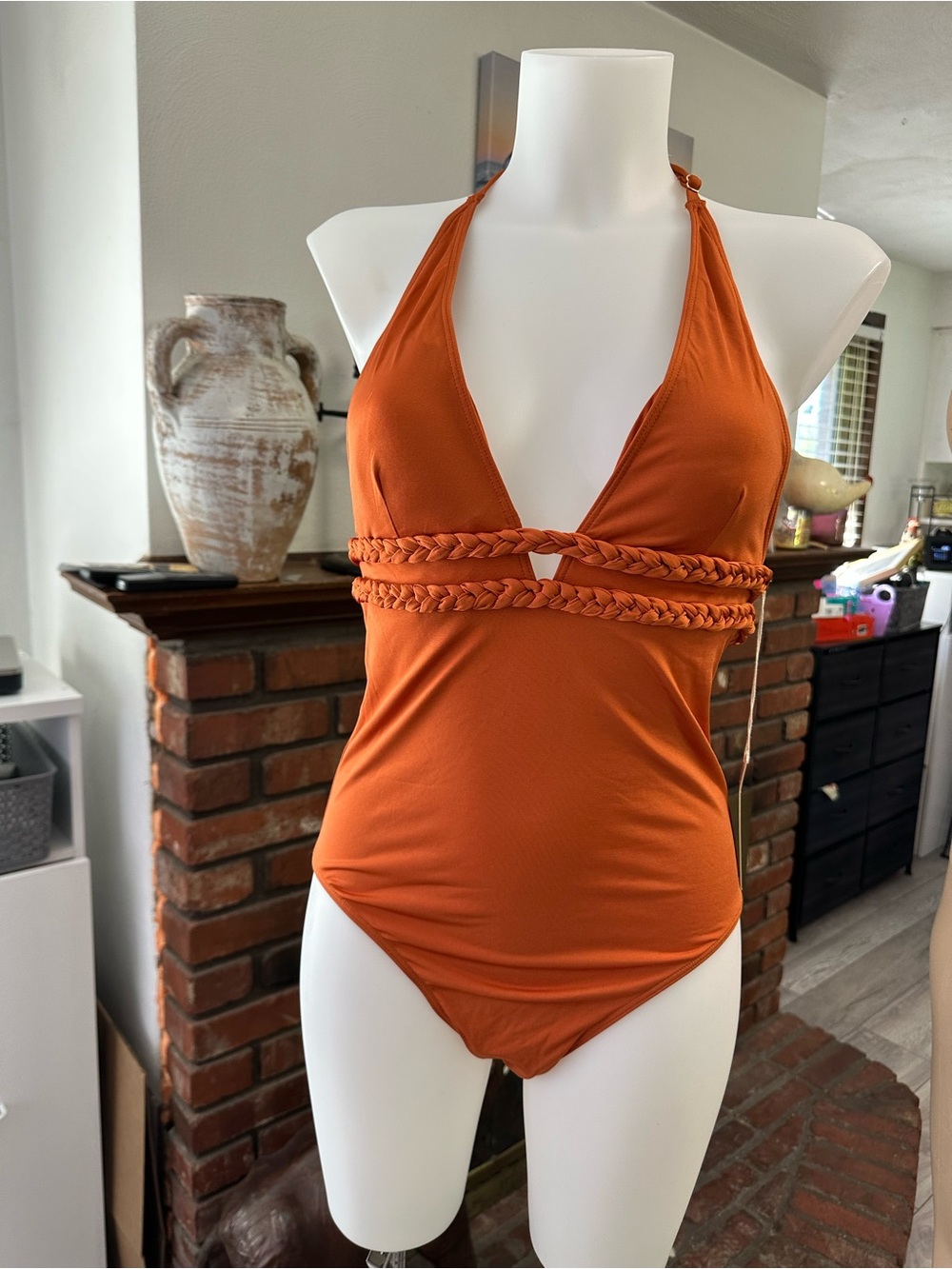 summersalt Rust Orange Halter One-Piece Swimsuit with Braided Waist